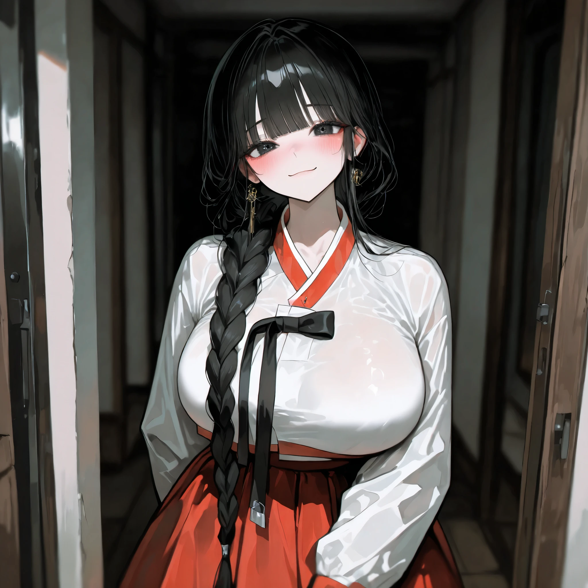 masterpiece, best quality, amazing quality, very aesthetic, high resolution, ultra-detailed, absurdres, newest, scenery,
one girl, solo, black hair, black eyes, (blunt bangs), (long braid), (big breasts),
hanbok, (white Jeogori), (red skirt), polite pose, blush, kind smile, room,
standing straight, facing viewer, looking at viewer, (cowboy shot),
BREAK, depth of field, volumetric lighting, bmEyb, 748cmstyle, aiu2