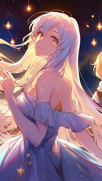 ((((stellar beauty celestial harmony, ultrahigh resolution)))), 1girl, standing, ((( divinely proportioned, slender, long hair, flowing locks, delicate features, soft facial expressions, ((alabaster skin)), pale skin, ((dark blue eyes)), ((glowing_eyes)), (((ultra detailed eyes:0.7, beautiful and detailed face, detailed eyes:0.9))), ((centered)), (wide shot), facing viewer, (((outdoors, night sky, stars:0.9))), medium breasts, looking at viewer, ((half closed eyes)), ((perfect hands)), (((head:1, arms, hips in view, elbows, thighs, in view))), ((hands at sides)), celestial, heavenly, atmospheric, mystical, subtle smile, eyes closed, looking upwards, ((( divine light))), soft and gentle glow, ambient light, serene, peaceful, evening, night, background, ((defined subject)), 25 years old, (head tilt), ((( celestial beauty))), (( heavenly harmony)), (((high contrast)))