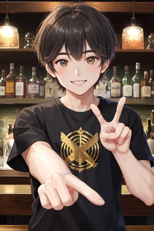upper body,hands up,
shiny skin, masterpiece、Highest quality、
(25-year-old male:1.5) and (Black short hair) and (blue eyes),
Black long sleeve T-shirt、
confused、open mouth,The background is the interior of a bar at night.、(alone:1.5)