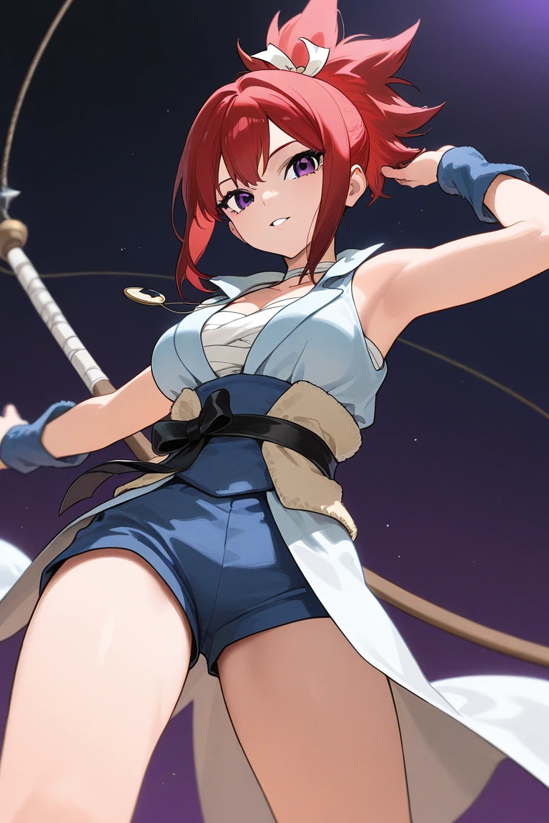 (masterpiece, top quality, best quality), 4k, perfect-lighting, symmetrical face, solo, Erza Scarlet, devastating look, red hair, breasts, blue skirt,white sleeveless shirt, cowboy shot