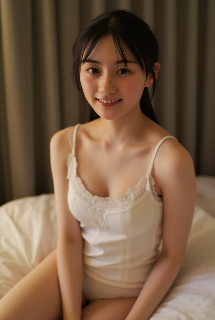 Beautiful Japanese Girl、15-year-old junior high school student、Completely naked、Full nudity、low length、Immature body、Beautiful breasts、Beautiful cherry-colored areola、Erect nipples、Narrow waist、Small butt、Shaved、bedroom、On the bed、ＭCharacter splits、Spread your legs wide and expose your private parts、Open your pubic area with your fingers to show off、Completely naked、Nude Photos、AsianPussy1 v1、smile