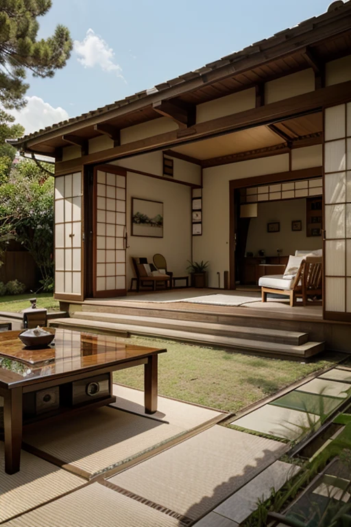 The house combines modern design with traditional Japanese elements.The spacious living room features a tatami mat area and large windows that let in natural light.The interior is simple and sophisticated, with bamboo details and accents scattered throughout.The relaxing Japanese-style room has shoji paper screens and fusuma screens, which give the room a minimalist aesthetic.The kitchen, while equipped with modern facilities, has a warm and welcoming design with extensive use of wood.The garden has a beautiful bamboo grove and a stone garden, creating a quiet and tranquil atmosphere.Modern lighting and furniture harmonize with each other, creating an overall simple and elegant space.Natural materials and traditional craftsmanship combine to create a comfortable and quiet home.