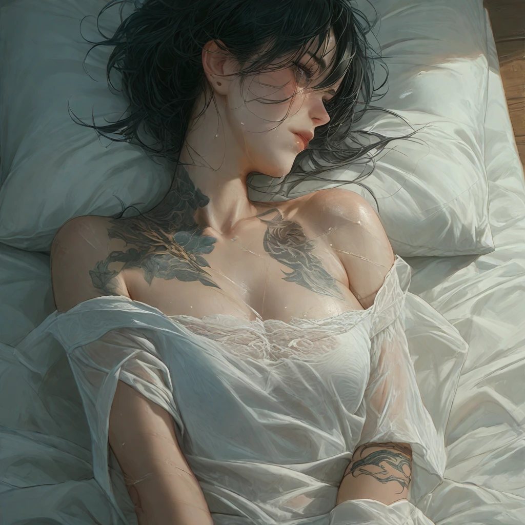 (masterpiece), best quality, expressive eyes, perfect face, Naked Summer, full tattoo, (masterpiece, top quality, best quality, official art, beautiful and aesthetic: 1.2), (1 flower), full body, extremely detailed , (Fractal art: 1.3), colorful, more detailed, "Best quality", "Masterpiece, Sakimichan style art, slight smile, open legs, pubic hair view, 1 sexy girl in transparent forest clothing, small breasts exposed, t-shirt open transparent, Mandala and flower tattoos, Best Quality, black hair fused with platinum and gold, naked girl, beautiful visible pubic area, pink weights, small breasts in sight, water pond in the garden, mandala and flower tattoos naked body, floating old clock, lamp, lantern, skin wet with water, bed floating in a pond, beautiful girl lying in bed, fantasy, view from above, open legs, beautiful goddess of fire (floating on orange clouds burning); perfect hair, perfect full lips, delicate and perfect body, digital painting, intricately detailed eyes, colorful, ink painting, beautiful watercolor, realistic, detailed, fine art, oil painting, finely drawn hands; By Artgerm, by Alphonse Mucha, author: pigsty by Ilya Kuvshinov, paintings by Olga Shvasur, Svetlana Novykova, beautiful goddess lying on a bed in a pond, bed floating in a pond, transparent silk clothing, long hair merged in the water of a pond, lamp, floating antique clock, lantern, golden eyes, illuminated face, full body, view from above, girl lying in bed, bed floats in the pond, view from above, wlop art, no braziel, no panties, ((Felicity Jones)), (sensual), (Extremely beautiful), (erotic:1.2), (sublime:1.0), (Extremely sensitive:1.0), (wise and understanding:1.2), (feminine:1.2), ( intricate: 1.2),(best quality), Extremely detailed, Hyper-realistic, deep shadows and brilliant highlights, perfectly detailed face, (transparent), (accentuated curves), slim build, perfect slim thighs, perfect feet, the whole body is shown, (masterpiece), (highest quality), (extremely delicate and b