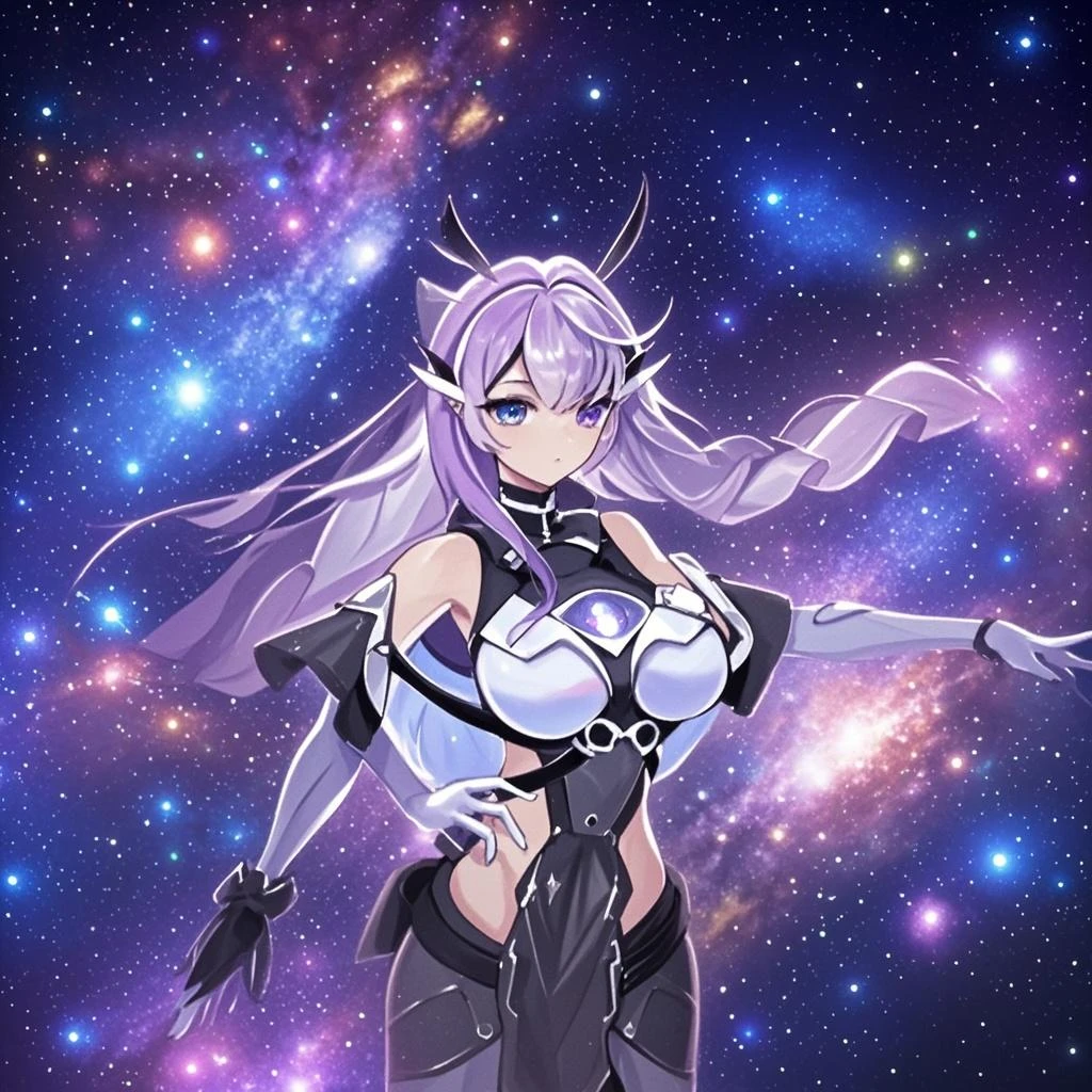 akniht,long purple hair, pointy ears red eyes, 
hairband, armor, gauntlets,black thighhighs,black panties, garter straps,
pelvic curtain, tie between cleavage,
outer space, stars,  hotel, looking at viewer,  smile, 
standing, upper body, 
(insanely detailed, beautiful detailed face, masterpiece, best quality),
<lora:ArmorKnight-10v5:0.7>,