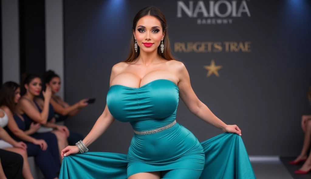 Hyper realistic Model, night lighting, blue hair, thick hair, clean face, green eyes, big boobs, heart shaped lips, smiling, wearing a royal dress, posing outside a casino at las vegas.