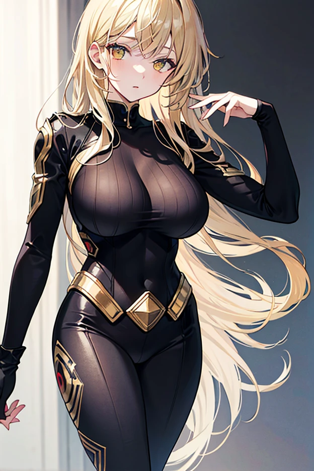((8K resolution))、((highest quality))、((masterpiece))、((Super detailed))((((dramatic))), (anatomically correct)、Depth of object being written、look at the camera、one person、one personの女性、very long hair、hair above one eye、(black hair、Tip of hair:blonde)、Purple pupils、front、toned arms, long and thin legs, Athletic Presence,(black bodysuit,purple and gold trim),(theme、w穴 body:1.1),(behind:purple arm、3 giant blades),Image of God、dark background