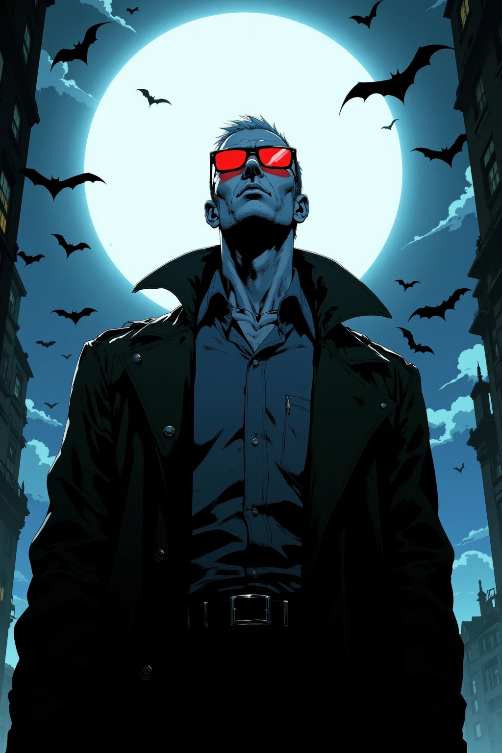 Tall Hall々man looks down dramatically under the brilliance of the big full moon,men wear sophisticated clothing,wears buttoned shirts,wears dark trench coats,Exudes mystery and authority,Determined Expression,sharp and highlighted rectangular black sunglasses,The sunglasses have eerily red eyes under the moonlight,adding supernatural vibes to the characters,the silhouette of bats around him against the moonlit sky,The winged shape of a bat creates dynamic movement and the、Enhances gothic atmosphere,The colors are deep black and deep black Cool bluish color,sharp contrast between the big moon and sunglasses,Enhances visual intensity,Simple and powerful composition,Composition looking up at people from the ground,Mysterious otherworldly atmosphere, classic comics depictions of nocturnal vigilantes,With glowing red eyes, Eerie and stylish, vampire,, He's Extremely Threatening and Evil, 男性のvampire