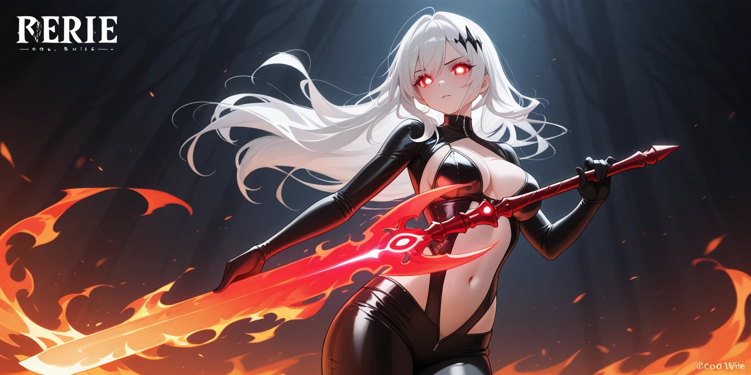 An adult woman half fox and wolf, wide breasts, red eyes, white hair, very angry, in a black little open dress, holding a sword