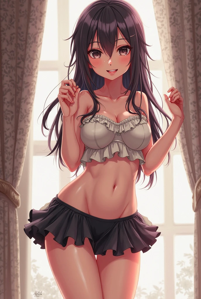 1 girl, (dirty brown skin:1.4), long hair, black eyes colour, Goth collar, goth outfit, shy, cute, (skirt lifting revealing panties:1.3)