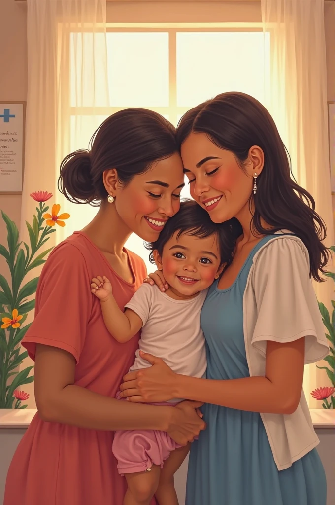 A Brazilian woman, long hair, black and smooth, a newborn daughter in her arms and holding the other 3-year-old daughter by the hand