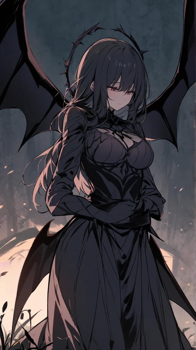 a female demon wrapped in a black cloak of darkness 