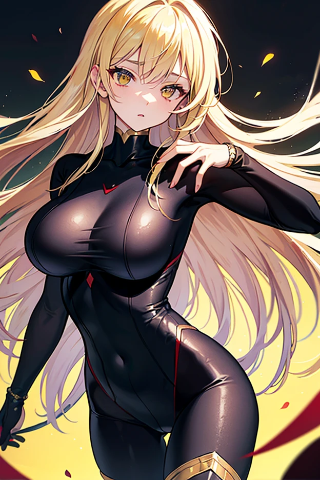 Create a beautiful girl with big breasts, green eyes and light blonde hair wearing a tight-fitting jumpsuit with white and red stripes and an Autobots-style dragon symbol. (obra-prima: 1.2, melhor qualidade), (olhos bonitos finamente detalhados: 1.2), uma menina com um rabo de cavalo marrom, olhos verdes, seios grandes, apenas 1 menina, idade 20, dva red black jumpsuit