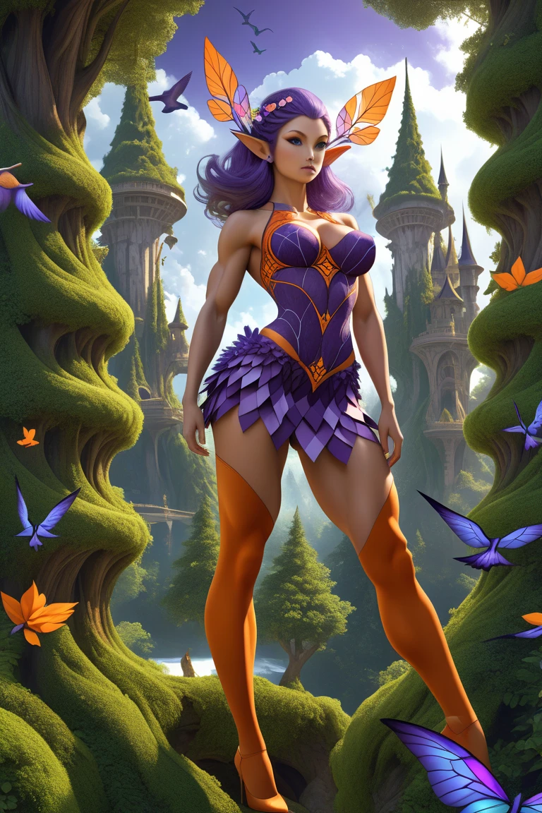 cartoon image of a woman dressed in a purple dress and hat, tinkerbell, faerierie, Exotic Fey Destaques, purple leather wings, elf character, Thierry Mugler, linda faerie, lycra costume, faerieries, Margot Robbie como uma faerie, sil of the species, exotic costumes, faerie, cute outfit, ( ( darkskin ) ), &quot;and that.&quot;