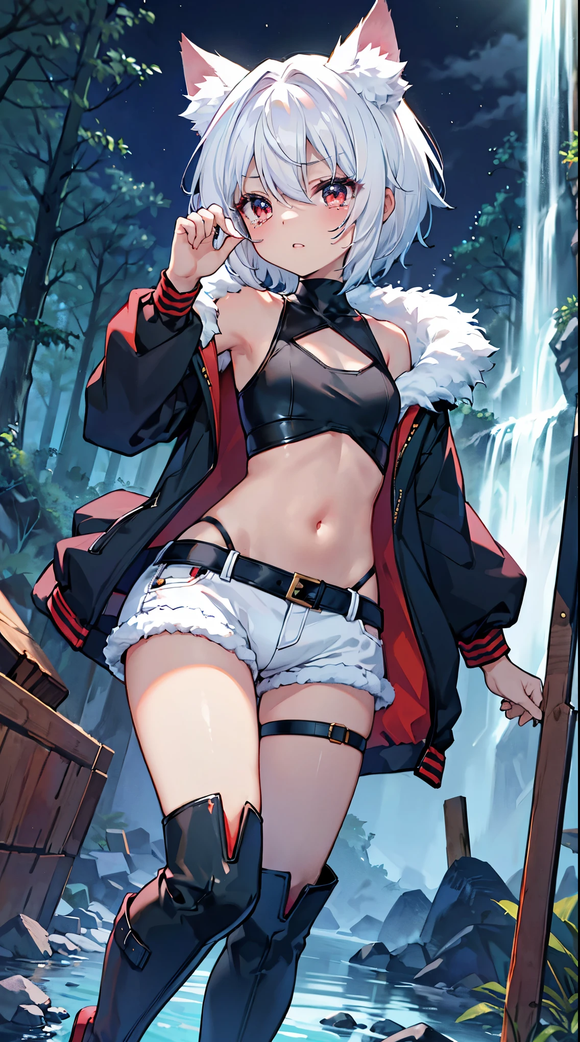 top grade 、white hair、short hair,red eyes、Beautiful Girls、Petite、Cat ears,flat chested,(jacket,fur,hotpants,boots,navel,),in the Dark Forest,waterfall,watery eyes,crying face,night,