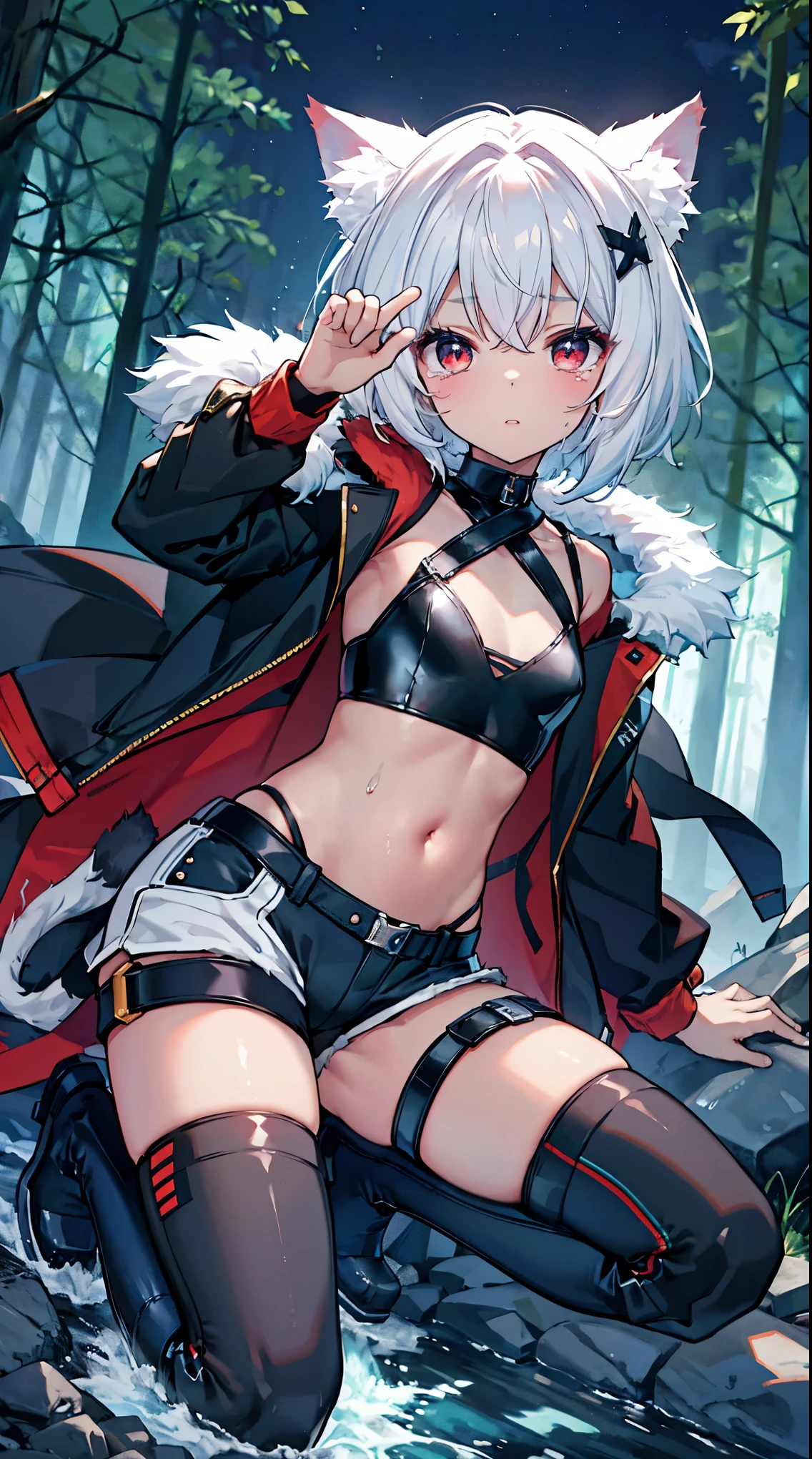 top grade 、white hair、short hair,red eyes、Beautiful Girls、Petite、Cat ears,flat chested,(jacket,fur,hotpants,boots,navel,),in the Dark Forest,waterfall,watery eyes,crying face,night,
