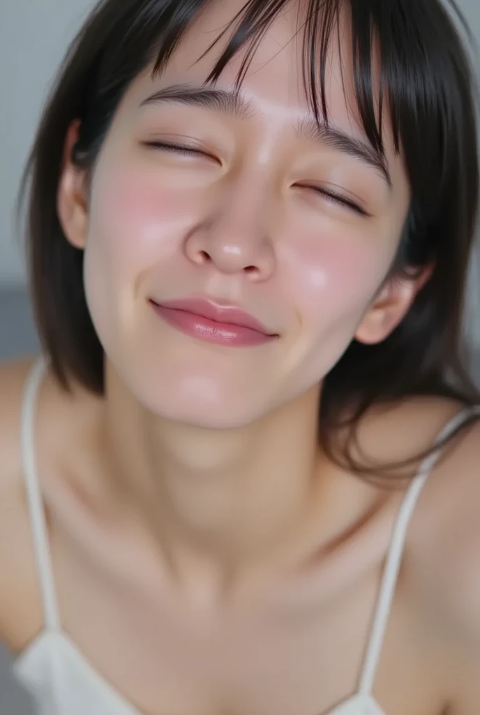 a 23 year old Japanese women, Upper body photo, facing upwards, the expression of climax from sexual satisfaction, Eyes closed, Mouth open, sobbing, sweaty skin, ((crying face, Furrowed eyebrows, closing eyes, open mouth, face facing upwards)),