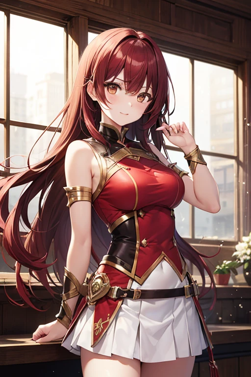 masutepiece, High resolution, 8K, anime woman, Delicate and detailed writing 、Detailed digital illustration、absurdly long hair、(((Ponytail)))、Shiny hair、a very beautiful woman、Eyes are double, Large,Little hanging eyes、 Bust E Cup、High image quality, High quality、Detailed background、((Detailed and beautiful sunset sky background))、The inside of the eye shines like a diamond、(((Dark red hair)))、Gradient pupil、(((2 arms、4 fingers, 1 thumb)))、Detailed female face、a very beautiful woman、、细致背景、masterpiece、Soft Focus , Bright gradient watercolor , Lens Flare , (((Glitter))) , Glow , Dreamy ,a miniskirt、Idol、Light red Ribbon、Very beautiful light red rose hair accessories、Light red and gold costume with white as the main color、((Macroface))、(Cool Girl).Tall lady、Dignified.((No bangs))、A smile、