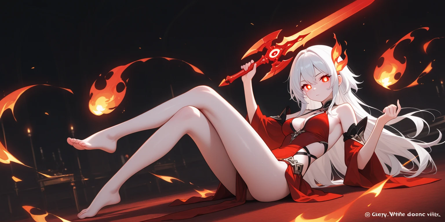 1girl, white hairs, red eyes, vampire, wide hips, massive hips, adventurer armor, lake, night, campfire, sitting on ground