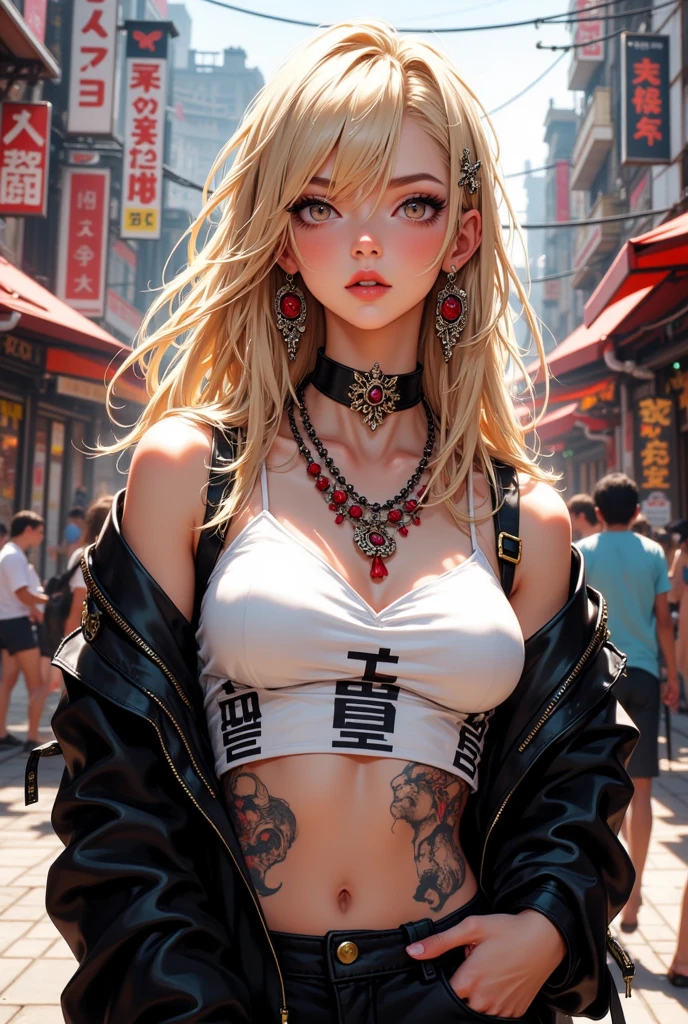 Beautiful female college student in the city,masterpiece,light makeup,Red Lip,Silver Hair,Disheveled long hair,Street Background,Grace,grace。Ultra-fine detailasterpieces,Authentic texture,Realism in film lighting,Perfect piece,8k,KHD,Delicate facial features,White skinny turtleneck top,white skinny shorts,Slim figure,Big bright eyes,Smooth skin,ear discharge,Choker Necklace,(((He has many tattoos all over his body)), (((Tight waist))), ((Big Breasts)),(See-through),(((panties)))