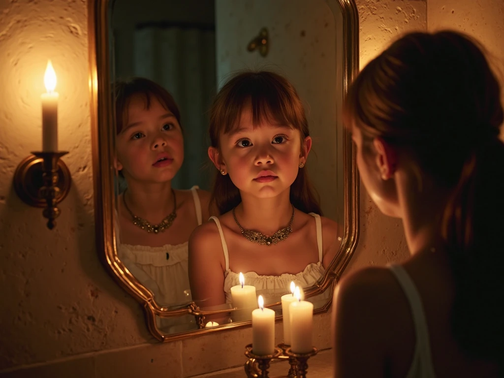 Little child in front of the mirror seeing her older version