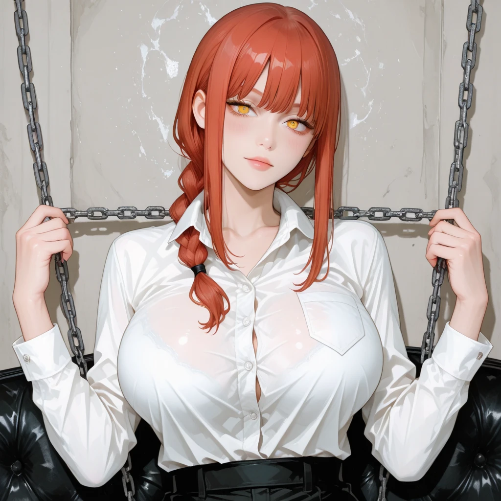 Raise your legs and hang in the air,Expose the soles of your feet、Lie down with your hips turned away、soles of feet、M-shaped legs、Woman opening her legs、Clothes melting、master piece、1人、独奏、Braids、Torn clothes、Handcuffs、Chains、a navel、Tearack arms:1.2)、shibari、Chains、heart - shaped pupils、Scream、Hand flail、Flail、Ruined restroom、red hair, no shirt, no bra、black necktie、Black pants, huge breasts exposed, pussy is showing
