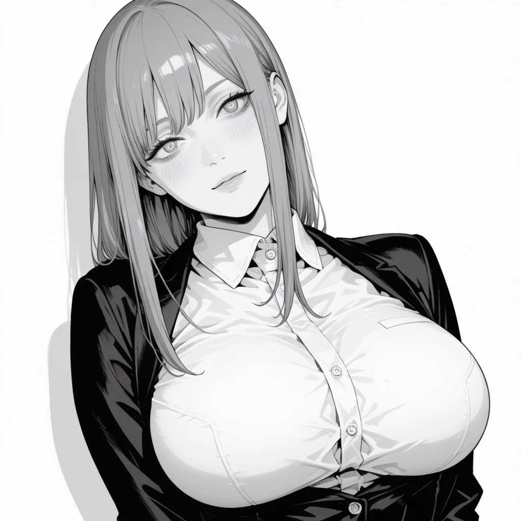 Girl, light blonde hair, black eyes, white shirt, pastel colors, big breast, lipgloss, big round glasses, korean, straight bangs, pink cheeks, sexy, professional, smart, black tie, elegant, hot