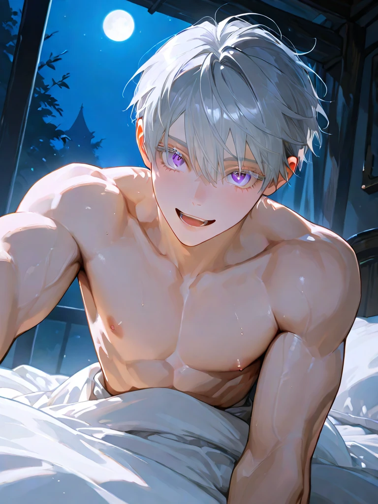 1 male, short hair, white hair, blue eyes, ager, shy bedroom, shirtless, Soft boy face, handsome, erect penis, slightly muscular (best quality,4k,highres,,masterpiece:1.2),dramatic lighting,vibrant colors,laying on bed, sweating, embarassed, (NSFW:1.4), fullbody