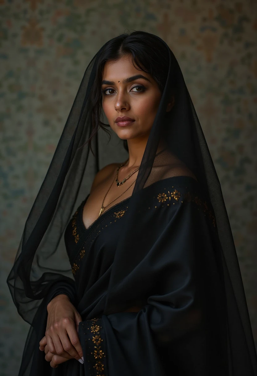 1950s old grainy picture,beautiful arab woman,woman wearing black abaya,abaya with low neckline,cleavage visible,apartment interior background,stunning detailed portrait,realistic oil painting,chiaroscuro lighting,dramatic lighting,vibrant colors,cinematic composition