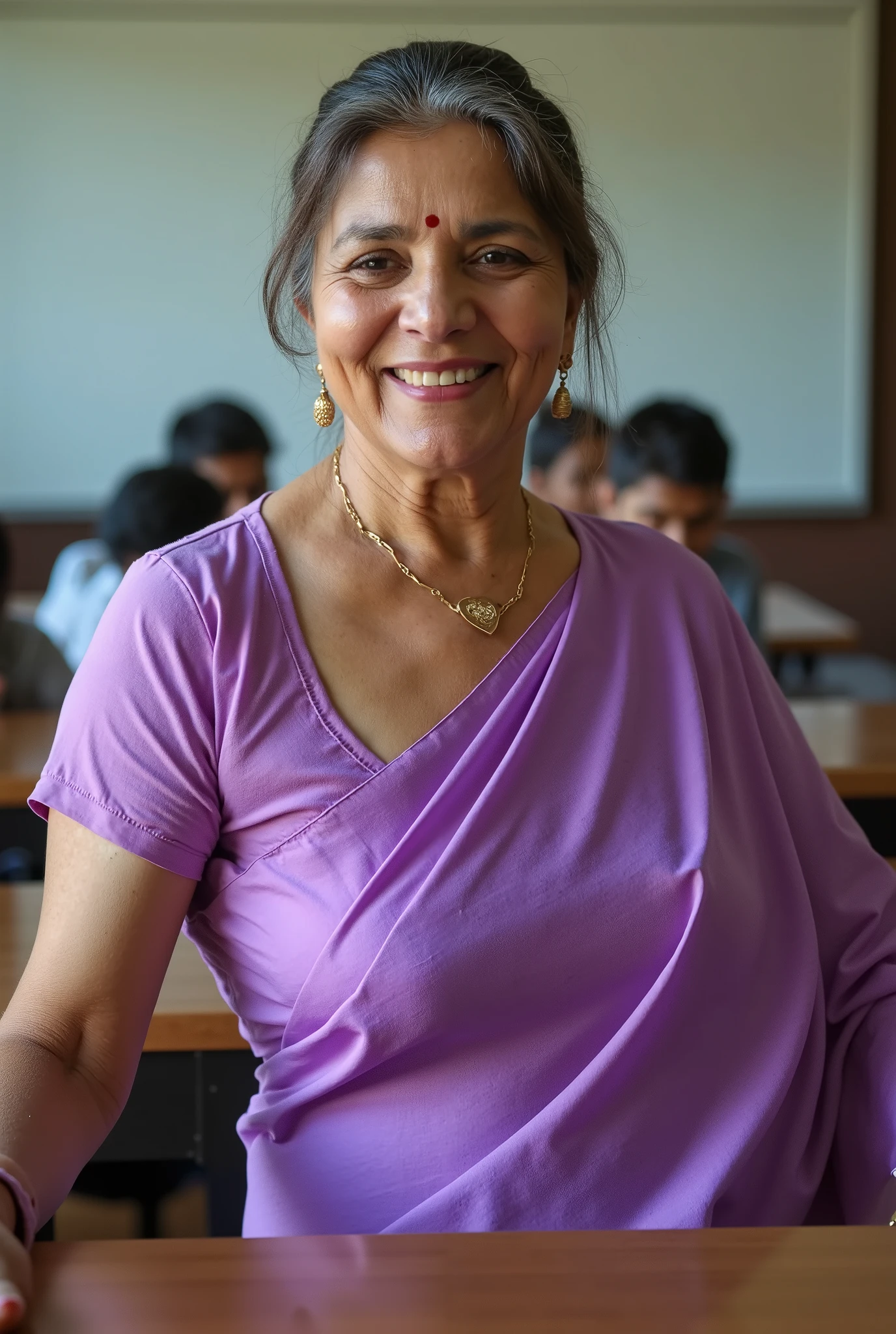 Front view,Full shot of mature indian milf ,fleshy squre plus size figure,cougar lady, , , full body shot,, horny milf, 50 years old gorgeous mature lady, posing her fleshy figure,cougar lady , extremely sultry face,((facials wrinkles)), thick figure, heavy physique, voluptuous, curvy, fully Body, , lose saggy , , full body picture , sultry face and body with many wrinkles, , light brown hair, tied behind hair, lose stomach with huge wide neval, fully Desi milf, standing behind the table in a class room, leaned towards the table, both hands touching on the table, saree, naval exposed, (no bra inside blouse, nipples visible through blouse), belly button visibly exposed through saree wearing light purple colour fully transparent chiffon deep neck blouse and light purple colour glossy linen body fit designer saree wearing , eyes partially closed, with specs, in a class room, two age boys standing in her both sides, hugging her and looking at her breasts with a romantic smile, romantic movie stills photography, movie stills, movie photo, hd movie photo, movie still promotion, film movie still, still from movie, dynamic movie still, still from a movie, movie still 8 k, movie film still, still from the movie, cinematic movie still, promotional movie still, full body naket image, side view