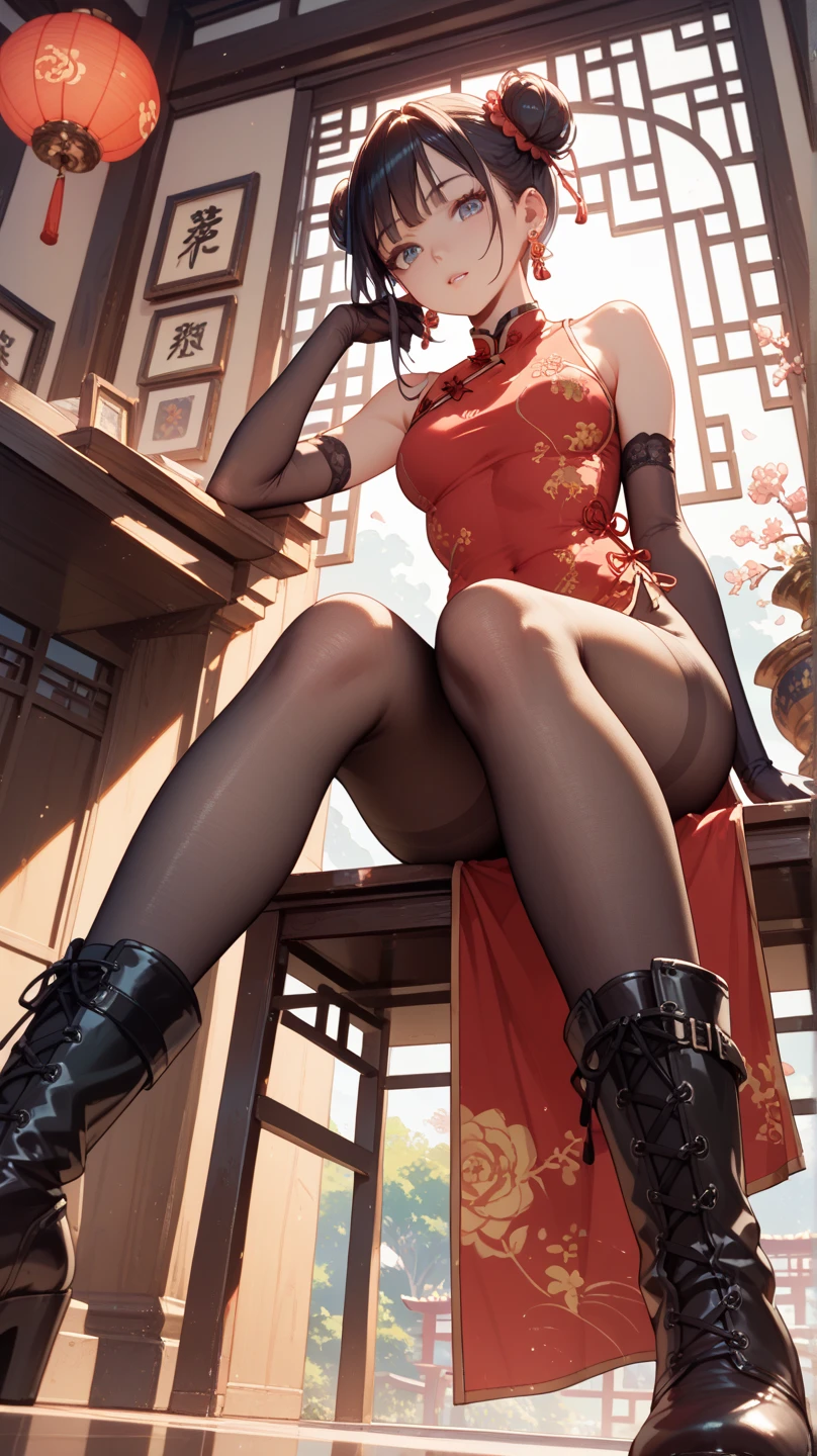 Masterpiece, 4K resolution, super realistic, very detailed), (Chinese urban female president theme, full of charm, there is a woman in the office, wearing ring toe stockings, high-heeled sandals, red super high forked cheongsam, lace tong, upper body choppy, only wearing transparent clothes, she is a female president),[((35 years old),(brunetize:1.2),Full body,(Brown eyes:1.2),((High on top queen pose),,((Sandy urban environment):0.8)|(Cityscape, night, Dynamic lights), (office daytime))] # Note: The prompt mainly describes ultra-high-definition 4K paintings, which are very realistic and very detailed. It shows the queen of the city, hourglass figure, wearing ring-toed stockings, high-heeled sandals, red super high fork cheongsam, lace tong, peach buttocks, fleshy thighs, strong lower body hair, obvious parts, choppy upper body, only wearing very transparent clothes, high above, a disdainful face, and a good man. The theme in the painting is the theme of the queen of urban wandering, the heroine has long black hair, is 35 years old this year, and her whole body is perfectly displayed in the painting. In depicting the behavior of female presidents, feet wearing high-heeled sandals with rings and toe stockings are used.