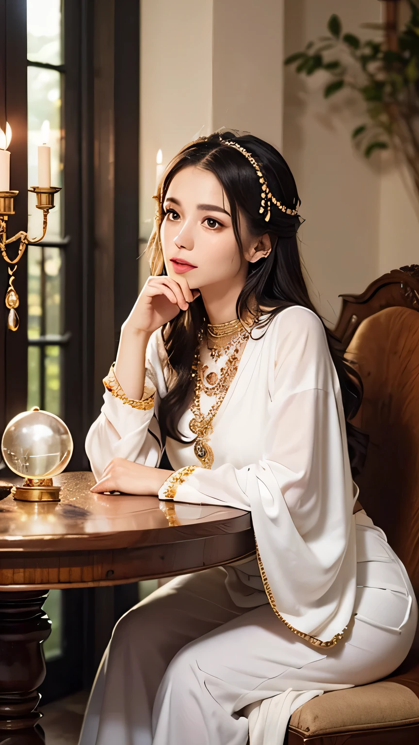 "A beautiful female fortune teller sitting facing forward at a wooden table, with a large crystal ball placed prominently on the table instead of candles. She wears elegant, richly detailed mystical robes and delicate jewelry, creating a mysterious and enchanting atmosphere. The dimly lit room is softly illuminated by the subtle glow of the crystal ball, surrounded by mystical symbols and decorations. Her calm and focused expression adds to the aura of mysticism, while the crystal ball emits magical light that highlights her hands and face, emphasizing the mystical setting without any candles."