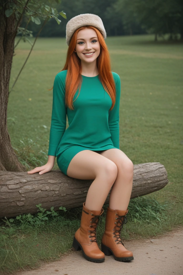 Realistic full body photo of a smiling redhead with long hair,ponytail hairstyle, She dances in front of the camera in an A-line dress with straps made of shiny green satin, Park,glamour fotoshooting, Wedding celebration, perfect anatomy, perfect green eyes. Perfect hands with 5 fingers on each hand, Matching girl, look into the camera, 1 Frau. (Eye make up:1.1), (highly detailed skin:1.1), spirit, analog style, keen focus, 8K UHD, dslr, good quality, Fujifilm XT3, Grain, Award-winning, masterpiece. Wedding celebration. She sits on a bench and shows her beautiful legs. Beautiful shoes