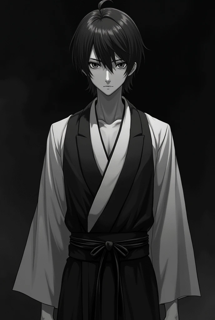 Man approximately 30 years old, long black hair tied up in a lazy bun. White skin, Red eyes, with traditional Japanese black clothing and red and gold details. worked body. scar on left eye.