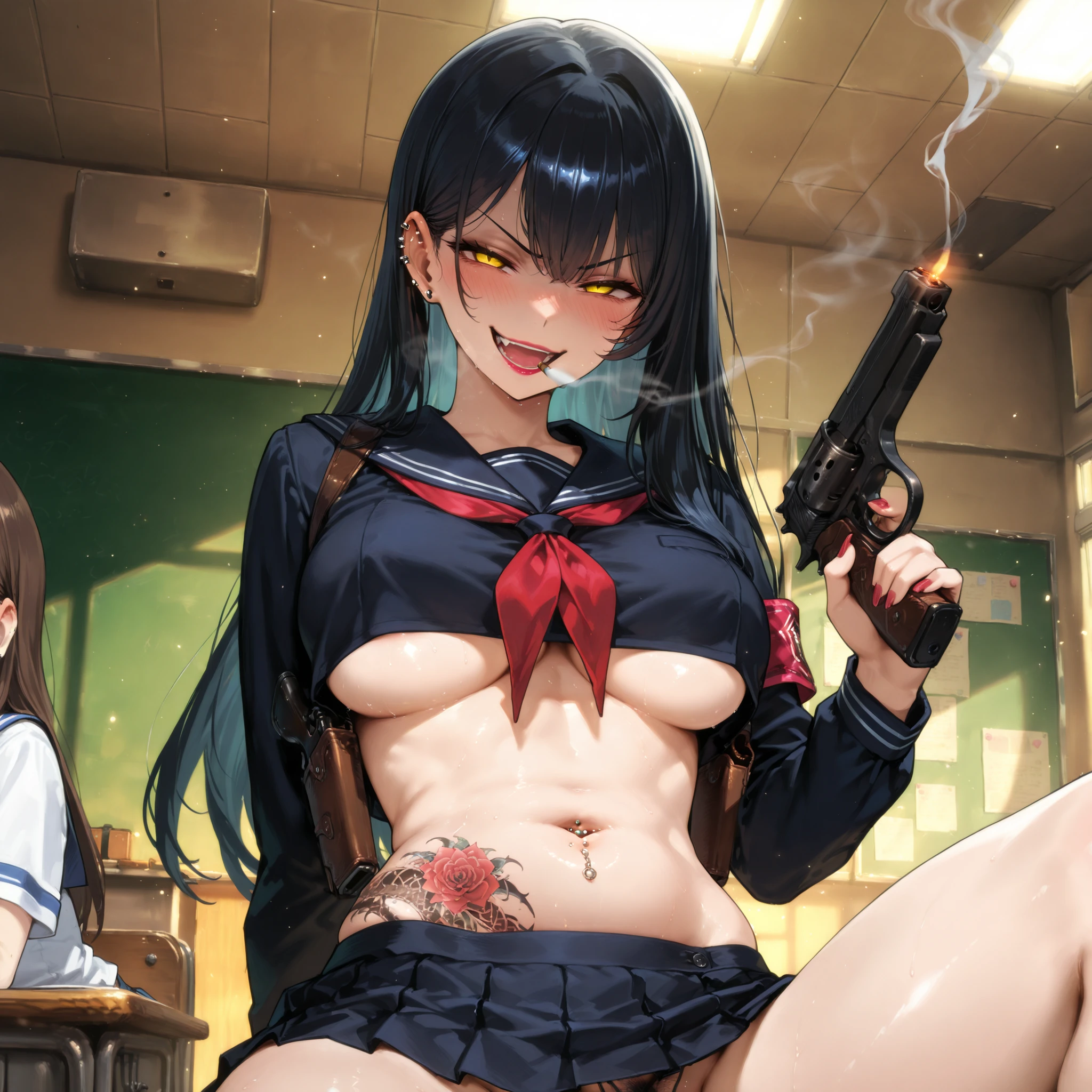 cyan_sung-sun, (three heads:1.3), 1girl, solo, long black hair, purple eyes , very large breasts, long hair, lipstick, smile, Hot girl, baddie, staring, glaring, bad attitude, mean girl, dare, angry, hate, crazy, smoking, sensual, attractive, masterpiece, best quality, highly detailed, a anime girls in sailor uniforms with a gun posing for a picture,
evil smile, smile, open mouth,black_serafuku, ecchi anime style, anime girls , (nsfw) not safe for work,
ecchi style, ecchi, shipgirls, digital anime art!!, high school girls, holding a gun, hold a gun, anime style 4
k, micro skirt, exposed belly, exposed navel, exposed midriff, holding pistol, massive underboob,
exposed lower belly, school, classroom,