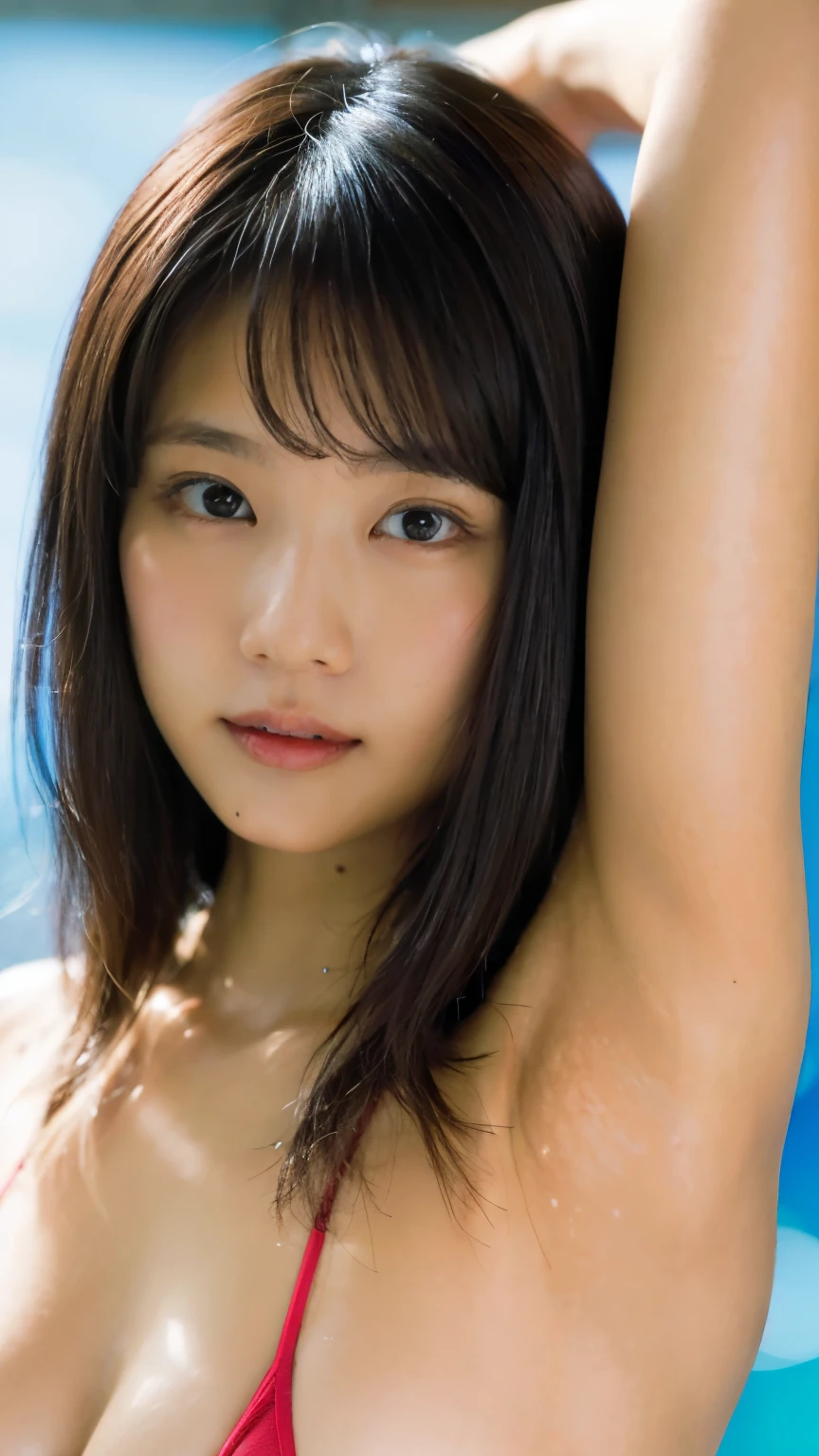 (8K, RAW Photos, Highest quality, masterpiece: 1.4), (Realistic, photoRealistic: 1.4), Super detailed, Ultra-high resolution, One Girl, Beholder, Beautifully detailed face, smile, (Slim waist: 1.0), Beautifully detailed skin, Skin Texture, Floating Hair, Professional Lighting, Middle Chest, Kind eyes,(small wet breasts:1.6), (beautiful wet nipples:1.6),(undressing:1.9), (:1.0), (law panty:1.5), (sleeveless wet blouse:1.1),(Feather Cut:1.0), (petite:1.0),(upper body:1.0)
