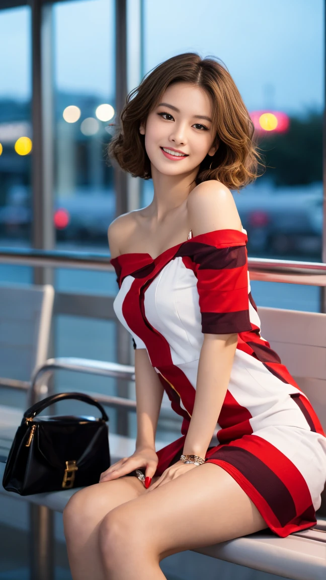 最high quality, In 8K, Masseter region, Vibrant, Sharp focus, high quality, High resolution, Detailed face, Fine grain, Thick lips, (Looking at the audience), alone, Beautiful woman, age 34, plum,  Cleavage, （Red strap dress）, afternoon、I sit with my legs together on a bench at the Yokohama Port Passenger Ship Terminal.：1.5、Watching the audience、（(Very short brown hair:1.5))、（(smile:1.5))、（standard body type）、（Slightly slim legs:1.1)