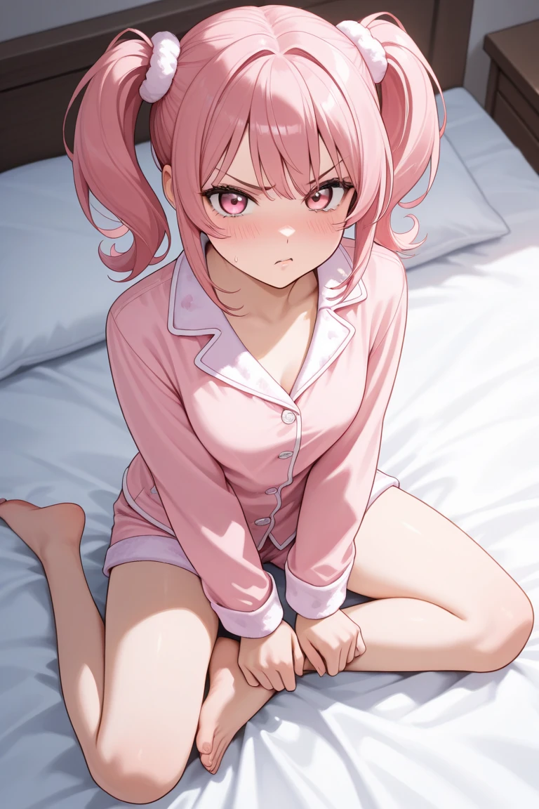 Natsuki, pink hair, ((pink eyes)), short hair, pink eyes, bed background, laying in bed, ((toys around her)), toys, ((teddy bears)), ((erotic toys)), small breasts, flat chest, small thighs, nsfw, exposed body, hands on face, blush, (drooling), (sweating), (best quality,4k,highres,masterpiece), artistic style,subdued colors, vivid colors, professional lighting, detailed lips, detailed eyes.