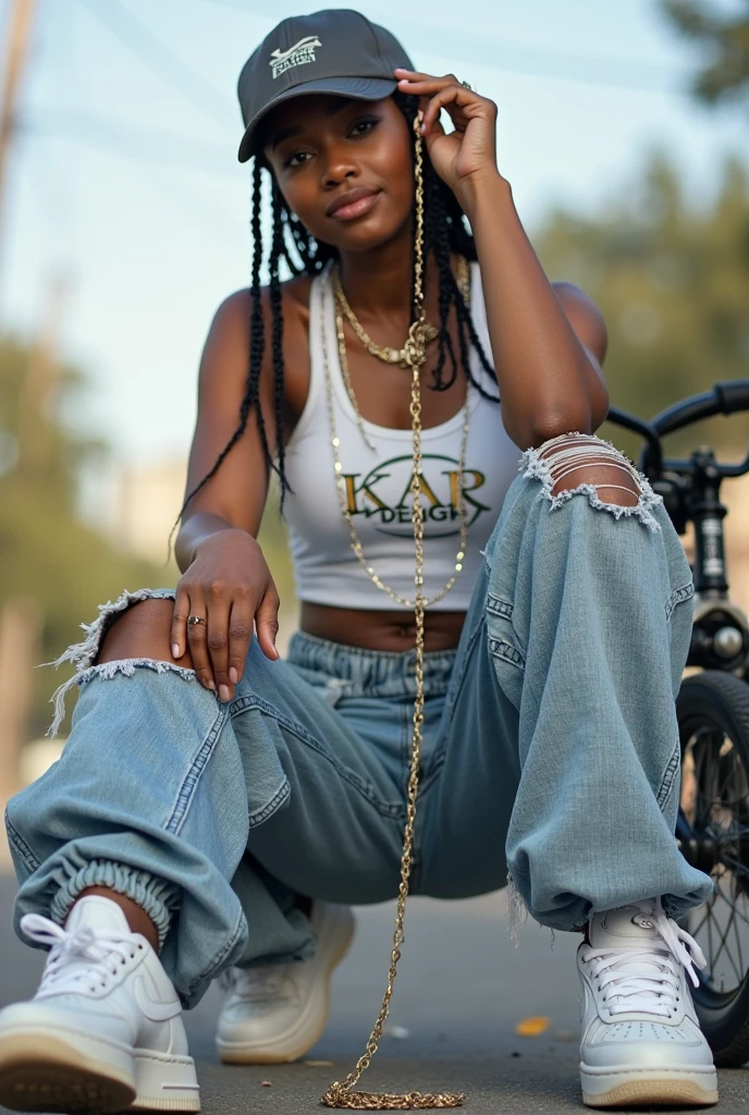 dreads woman sitting on the sidewalk <lora:dreads:0.8>