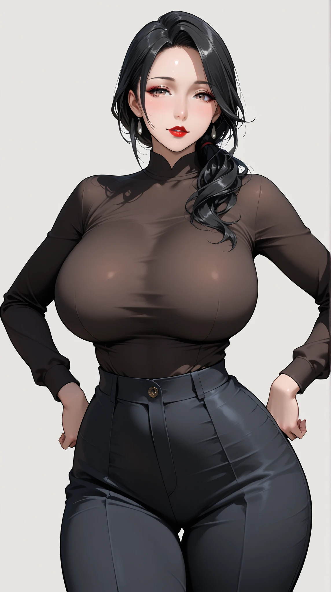 Salma Hayek as a teacher, curvaceous, small waist, big hips, hip dips, big lips, bimbo lips, massive breasts, ponytail, hair tied back, pencil skirt, turtleneck sweater, bending over, in front of viewer, in a desk, Best quality, 8k, Masterpiece, realistic, photorealistic, (gigantic breasts:1.2)
