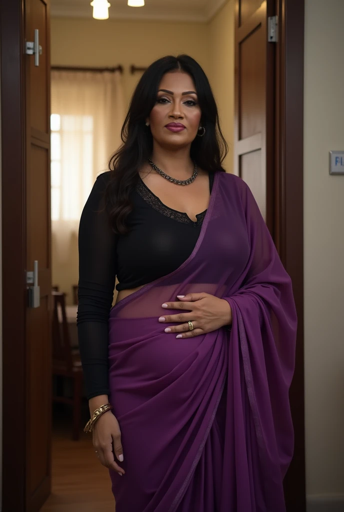 Indian woman((30year old)), eyeing eyes, blue eyes, (((wearing only violet color long silk shirt))), (((long silk shirt uniform))), (((wearing diamond necklace, stocking))), (((rearing's))), looking at viewer, in the room, in the leaving room, beautiful sexy body, big breast, big waist, thick thighs, smiling, red lips, eyeshadow, gold ornament, alluring body, ((good proportion)), seducing, realistic background, pose, black wavy hair, curvy, chubby women, front focus, closeup,