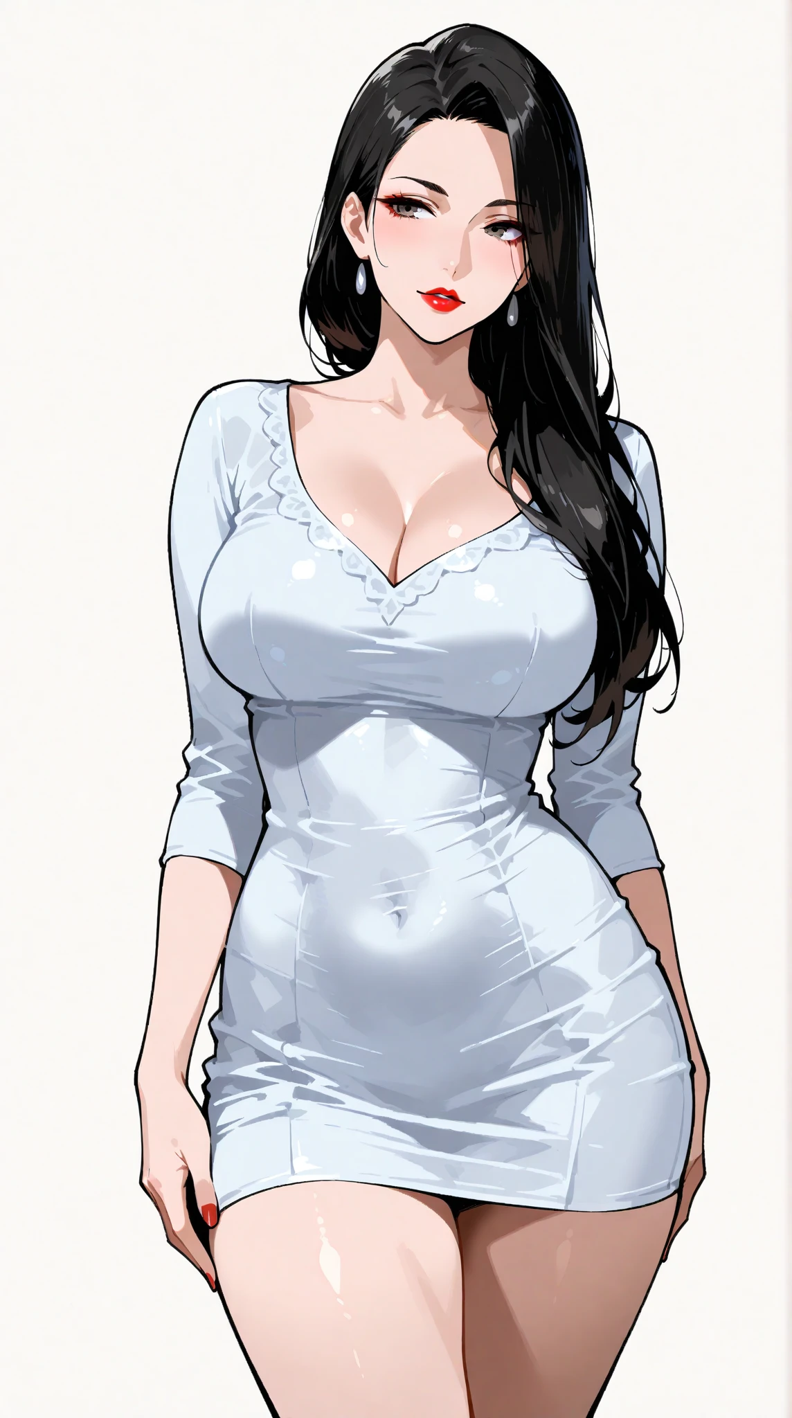 ((1girl, solo)), ((mature female)), beautiful body, (perfect anatomy, perfect body, perfect hands, perfect legs), (five fingers:1.5), natural proportions, sexy body, large breasts, cowboy shot BREAK
((extremely detailed face)), (beautiful detailed eyes:1.6), (realistic pupils, realistic iris:1), expressive eyes, looking at viewer, (clear eyes:1.3), (hyperrealistic:1.2), (detailed skin texture:1.2), smooth skin, (green eyes:1.5), (black hair:1.5), long hair, bangs, hair over shoulder, scrunchie, (detailed lips:1.2), (attractive lips:1.1), (glossy lips:1.1), perfect face, perfect eyes BREAK
blue shirt, collarbone, cleavage, long sleeves, white pants, barefoot BREAK
(masterpiece:1.5), anime-style, top quality, best quality, (beautiful and aesthetic:1.2), (ultra detail:1.5), Ultra-detailed depiction, Ultra-precise depiction, extremely detailed 8k illustration, high resolution, (highly detailed shading:1.2), (realistic lighting:1.4), perfect lighting, vibrant colors, dynamic tones, striking hues, 8k, absurd resolution, perfect shadows, hdr, UHD, ambient lighting, realistic, ultra-realistic, photo realistic, highly detailed, rich detail, luminous colors, fine texture, intricate design, professional illustration, (soft light:1.2), (illustration:0.7)