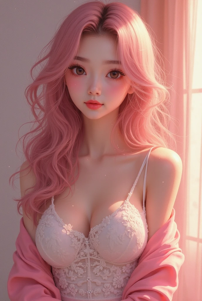 Anime style woman with the following characteristics:
1. skin very white.
2. He must be in his bed, Its walls are white.
3. Must be in 4 position facing forward.
4. A little blushed.
5. big breasts.
6. Very light pastel pink hair with white highlights. Quite long and wavy.
7. pastel yellow eyes.
8. Her breasts should be seen somewhat uncovered.