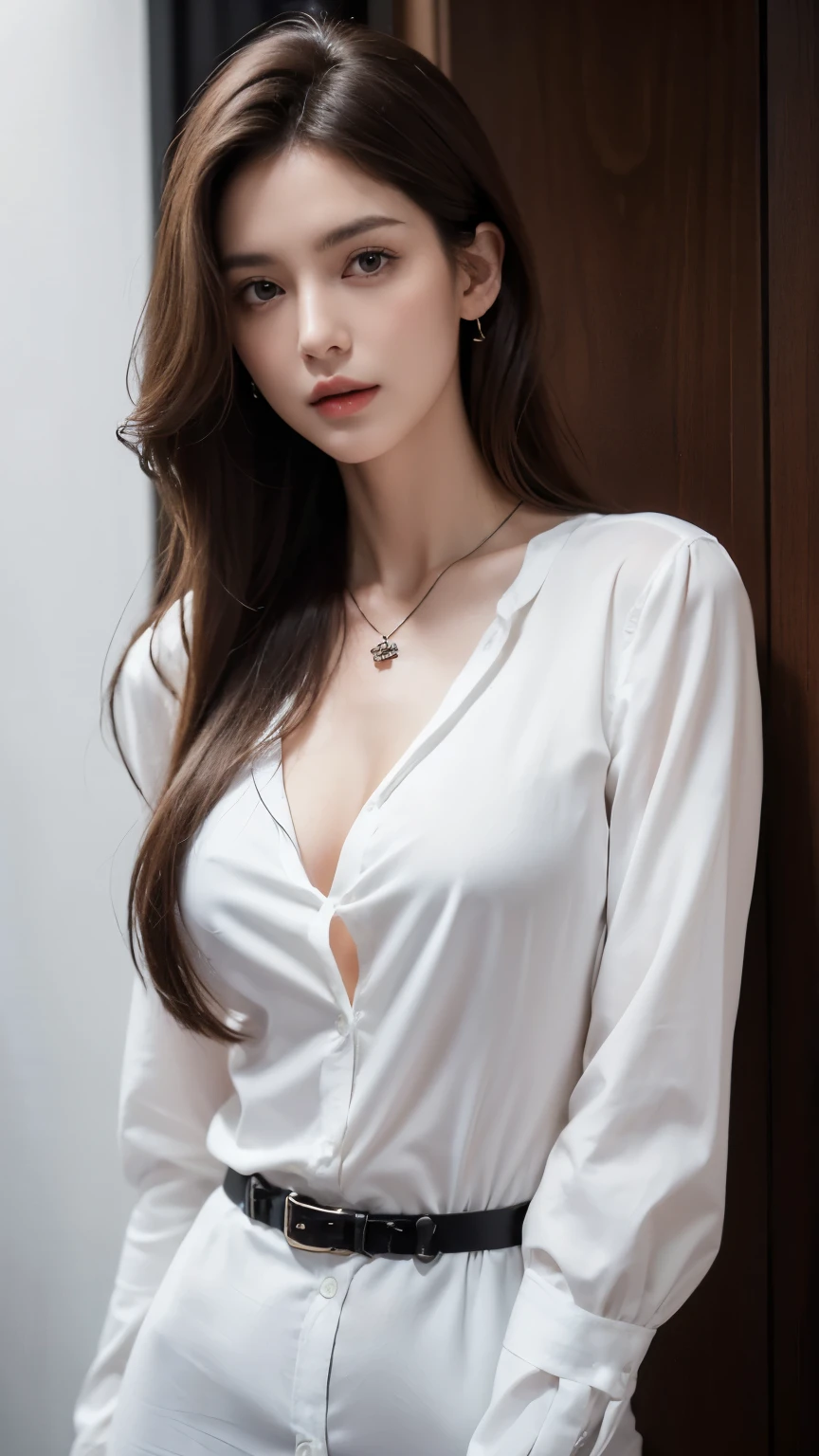 (best quality, high resolution, masterpiece :1.3), Tall and pretty woman, slim abs, Dark brown hair with loose wavy styling, chest, wear a pendant, White button-up shirt, belt, black skirt, (Modern architecture in the background), Exquisitely detailed details on the texture of the face and skin, detailed eyes, double eyelid
