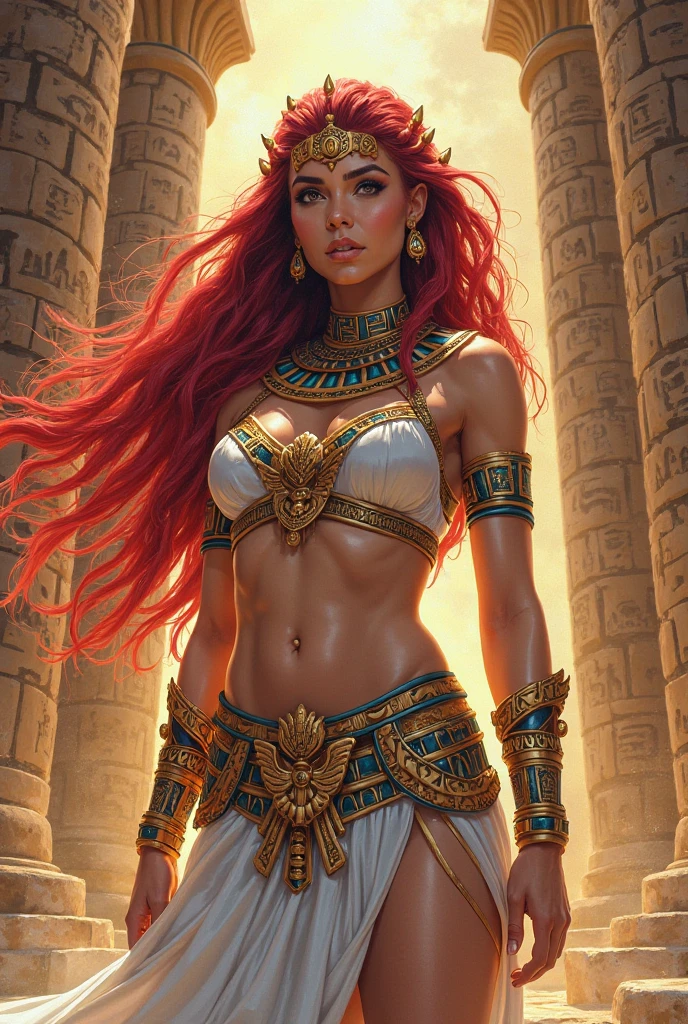Marvel Conical Panel,women, by the wide, looking at the viewer,, White skin ((gold eyes, big chest:1.5, wine red hair, long curly hair, yellow eyes, white egyptian battle clothes , muscular body, Beautiful lips, seductive eyes,bright lips, egyptian clothing , serious smile, sexy pose