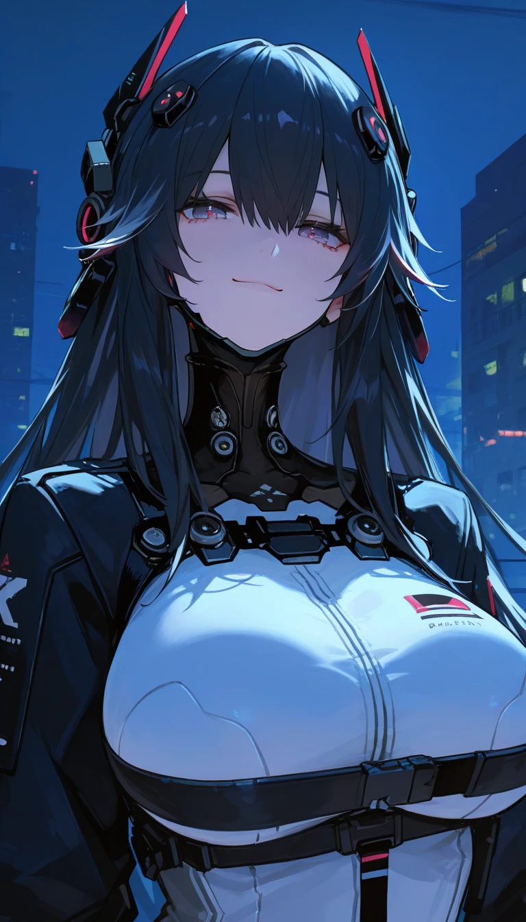 Anime girl with black hair and long straight bangs. She wears a white shirt with shoulder pads and a high collar along with tight body suit pants. A military uniform vest sits on her shoulders. She has a smile expression against a dark city background. It is a high detail, full-body portrait in the style of anime art with an anime aesthetic suitable for an urban fantasy novel cover