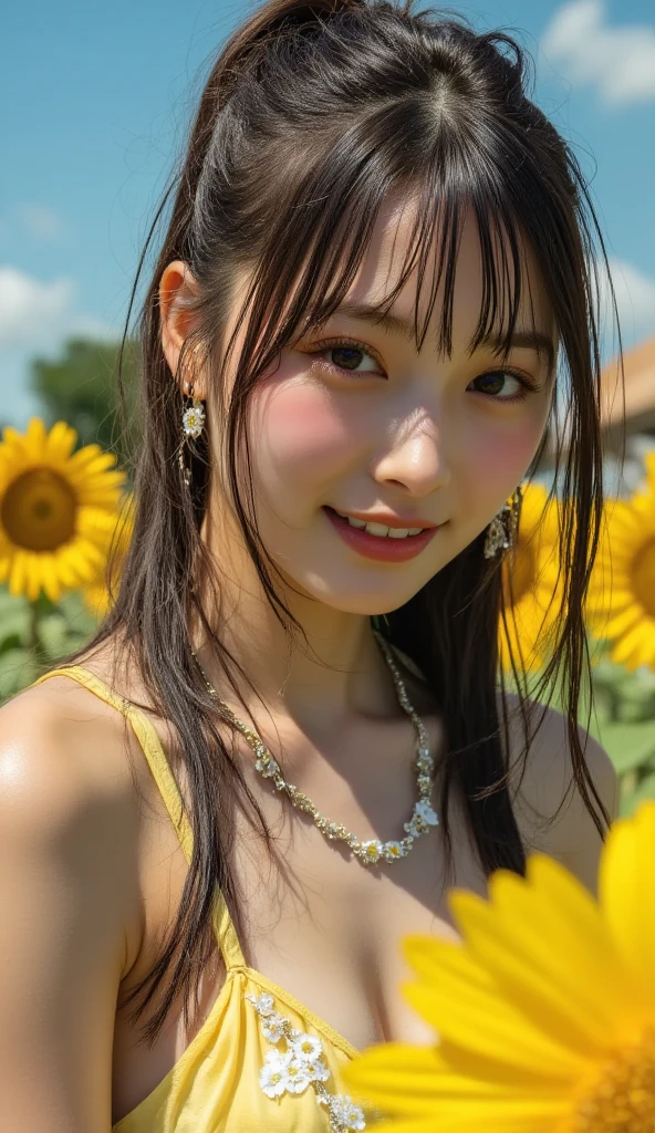 ((Highest quality, 8K, masterpiece :1.3)), (Sharp focus :1.2, Beautiful woman with perfect figure :1.4, Slim Abs :1.2), ((Big Breasts, Emphasize cleavage:1.3)), (Photorealistic:1.4), (realistic:1.4), (Short Bob Hair, Light brown hair:1.5), Highly detailed face and skin texture, Fine grain, double eyelid. Makeup face, A little bit of lipstick, sex appeal, Sexy gravure pose, ((Yellow Summer Dress - Yellow Summer Dress。The background is a sunflower field。A happy smile。Pearl Bracelet。Pose with sunflower。:1.3)