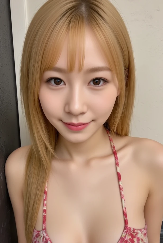 one person、14 years old、Blonde、Blonde、Full body photo、slender、woman、White drool coming out of the mouth、smile、Natural Shorthair、 Fair skin, messy hair, super cute、Soft and Face、8K resolution、Surreal、Ultra high definition、 A-cup small breasts（（Highest resolution、8k、masterpiece：1.3））、Ultra-fine face、Ultra Fine Lips、Beautiful Eyes、double eyelid,Light blue wall、Blue and red checked bikini:1.1、Thighs、thin,Thighs are visible、Shapely small breasts、