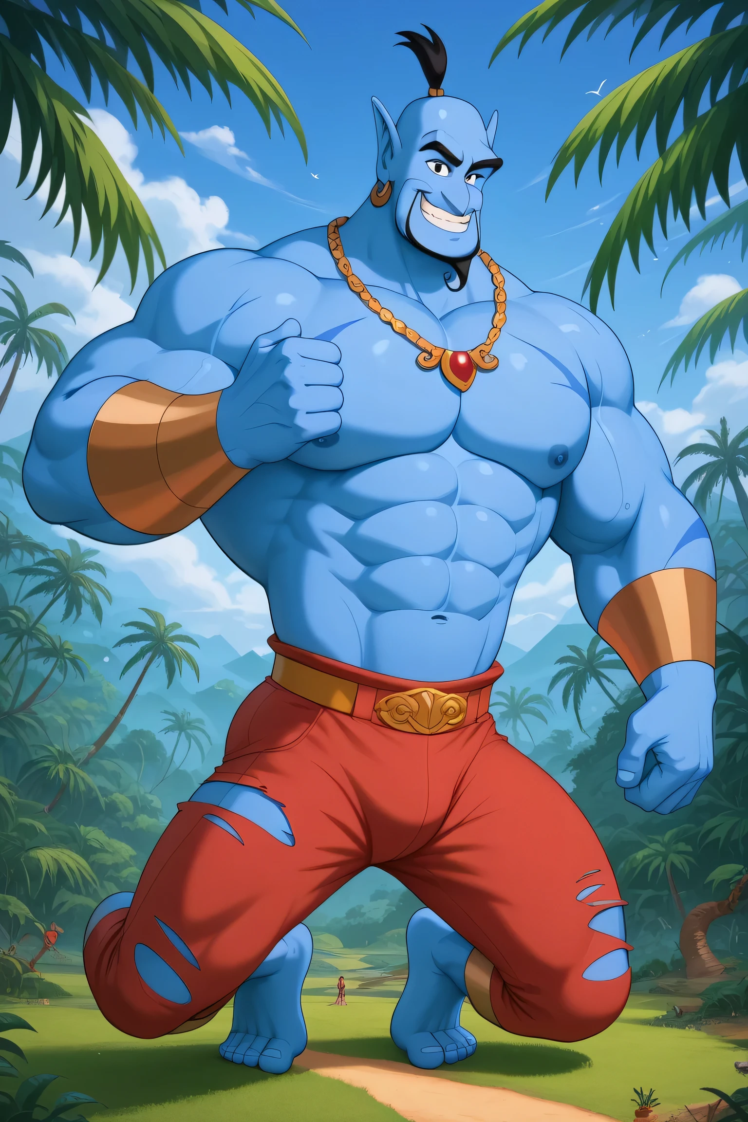 safe_pos, safe_pos, safe_pos, score_9, score_8_up, rating_nsfw, ultra hd, absurdres, best quality, best aesthetic, masculine, solo, 1boy, male focus, perfect proportions, handsome, alluring, mature male, coloured, giant size, macro size, 50-foot size

Disney Giant Genie, facial hair, saturaded blue skin, blue genie, genie, pokemon (creature), blue sky background, looking at viewer, powerful smiling, Expressiveh, powerful smile expression, muscular body, detailed abs, ginomous biceps, enormous pectorals, full body, giant size, macro size, 50 foot size, golden saldals, wearing ripped red underpants, red headband. Red wrist tape. Golden elbow pads, Ripped red shorts, Golden kneepads, golden necklaces with jewels, barefoot, long legs, big feets, golden armor, golden chest, golden belt, blue scars on his body, 2 bigger cartoon eyes, tattoos, standing, jungle trees, big castle background, flexing his powerful muscles pose, bouncing pecs, powerful muscles, pecs shimmering, standing up, grass, giant footprints on the grass, trees, plants, a large green beanstalk behind.