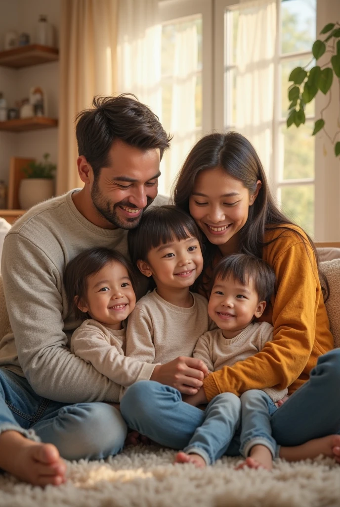 generates an image where a family of 5 people appears, with the father and, mother, a grandmother, an 11-year-old girl and an 8-year-old girl, and a 7 year old boy