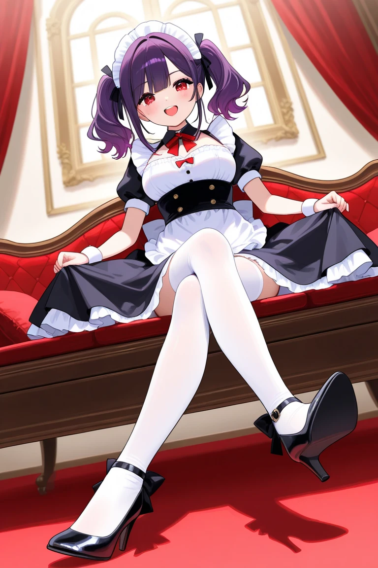 (masterpiece, best quality:1.2),illustration,8k,hd,1girl,solo,cowboy shot,jervis (azur lane),blush,cleavage,detached sleeves,hair ornament,hair over one eye,hat,large breasts,medium hair,nurse cap,white pantyhose,purple eyes,shoes,<lora:Jervis(azur)>,